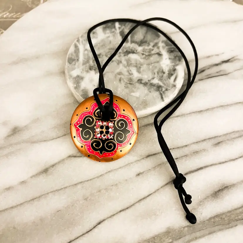 Soizick France Limoges Fine Porcelain Hand Panted Pendant Swarovski Accent