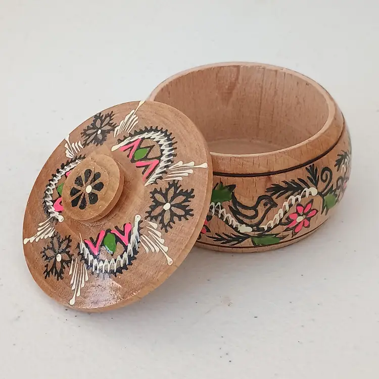 Vintage Ukrainian Mini Lidded Wooden Trinket Box Hand Painted Floral Bird Round