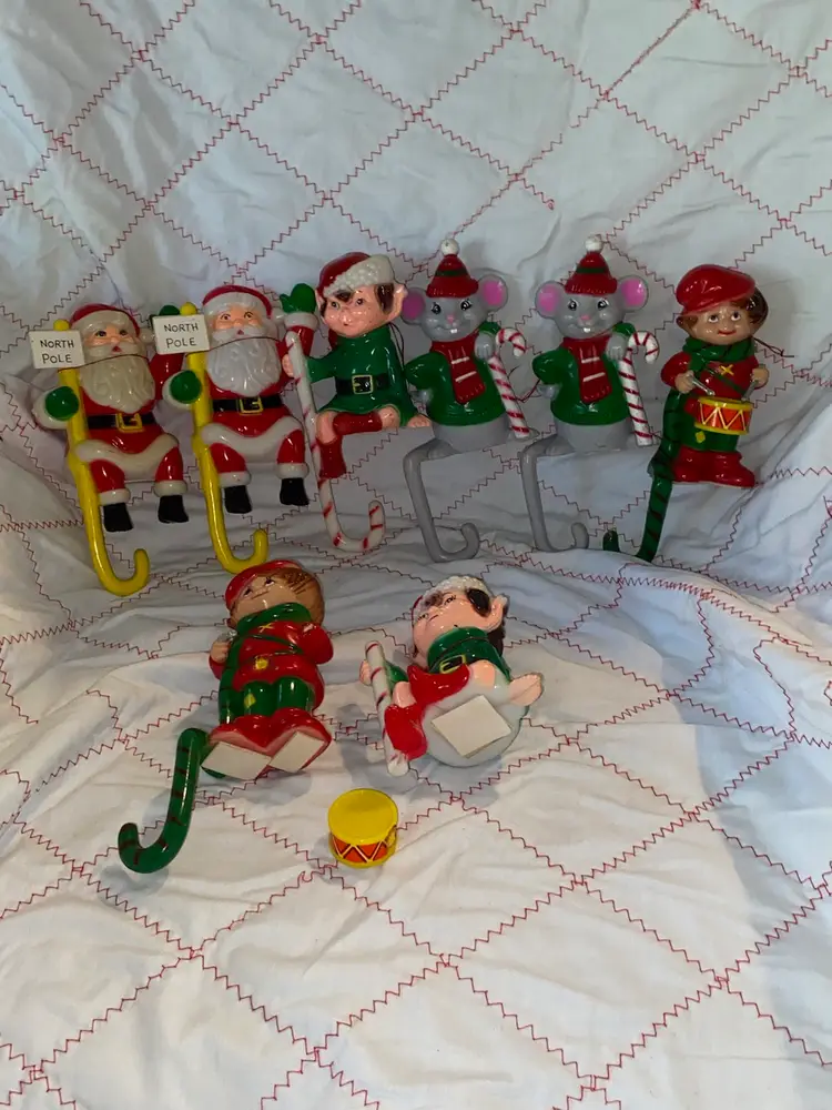Vintage Stocking Holders Hard Plastic Santa Mouse Elf Drummer See Pics Read