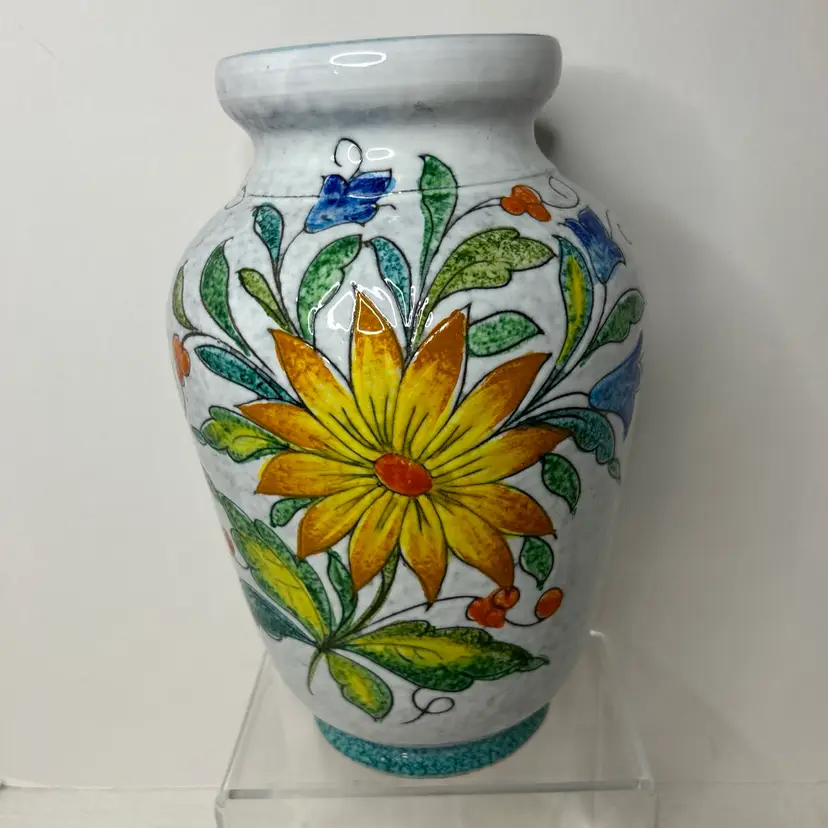 Vintage Italian Sunflower Salt Glazed Terracotta 11" Tall Vase Signed & Numbered