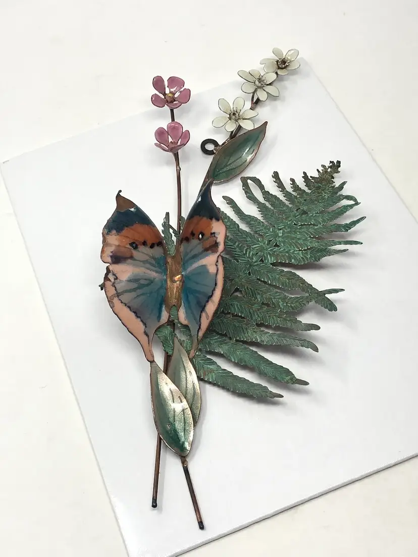 Bovano of Cheshire Butterfly and Fern Enamel on Copper Wall Art AS IS