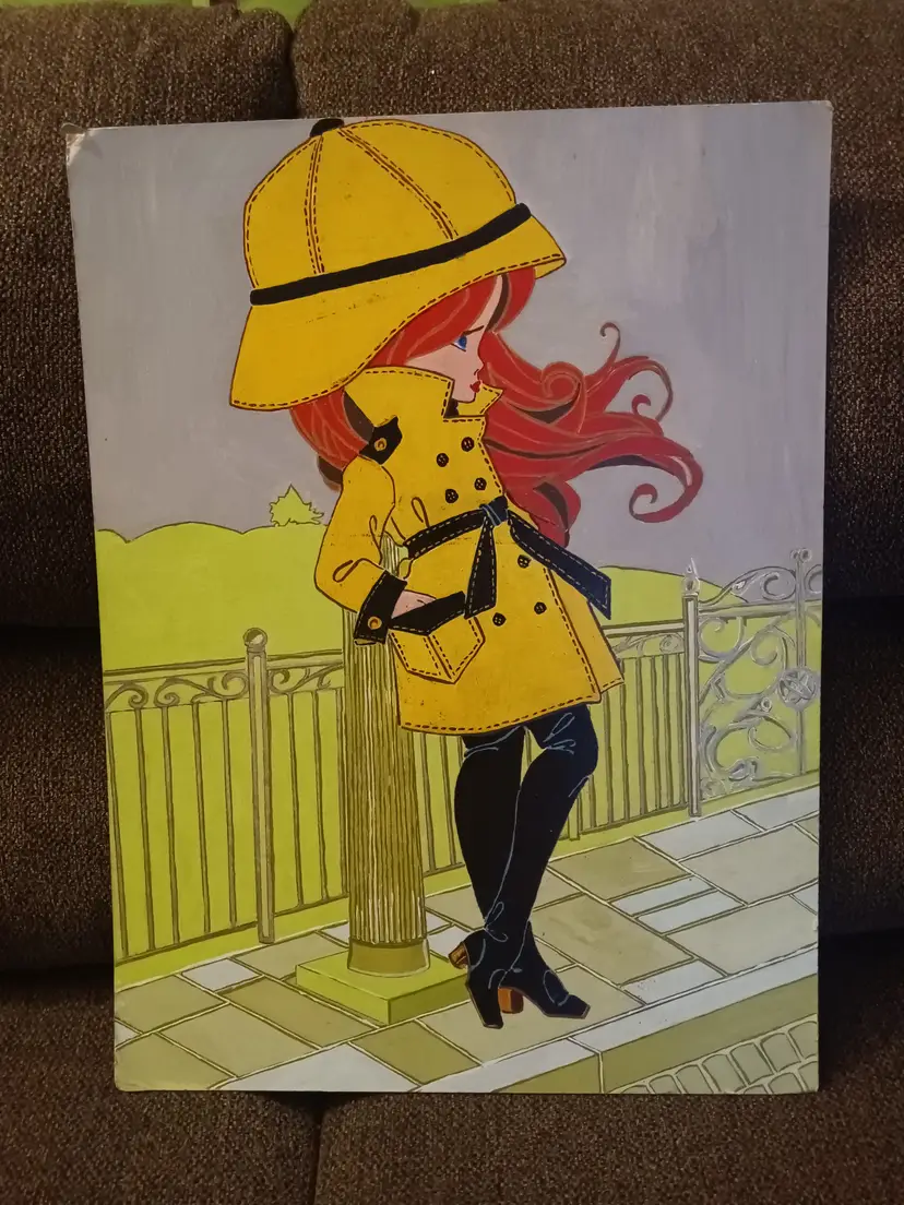 Vintage Pop Art Style Painting Girl in Yellow Raincoat 24x16 Board