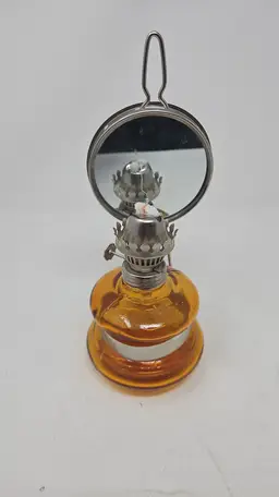 Vintage Miniature Oil Lamp - Amber Glass - Reflector - New Wick