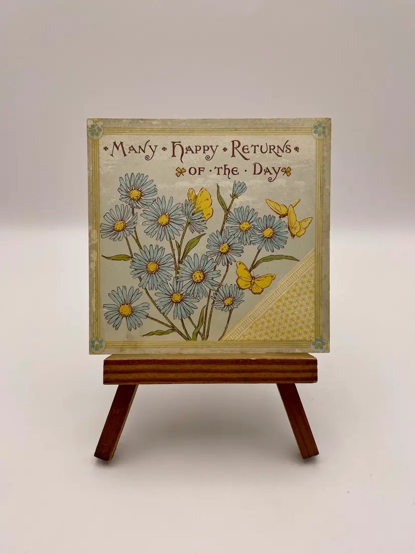Antique Greeting Card, “Many Happy Returns Of The Day”, Blue Flowers, Yellow BUTTERFLIES