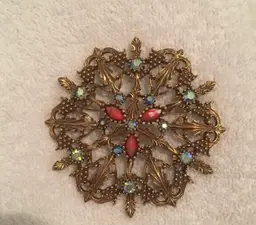 Vintage Signed Emmons Large Brooch/Pendant Gold-tone with Red & AB Stones