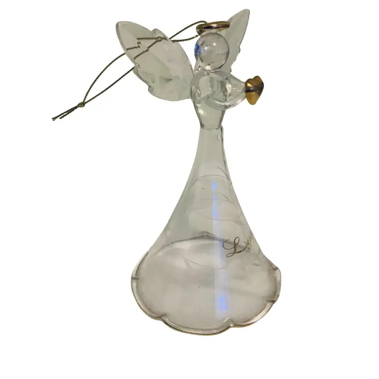 93 Clear Glass 5.5” Tall Angel Ornament With Open Wings Featuring Gold Color Heart “Love” Detail