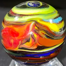 1 1/8" Signed Yellow Blue Red Black Marble UV Glow Front And Back Photos