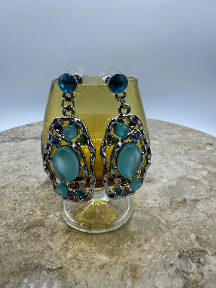 Silver Tone Multi Colored Rhinestone Pierced Earrings