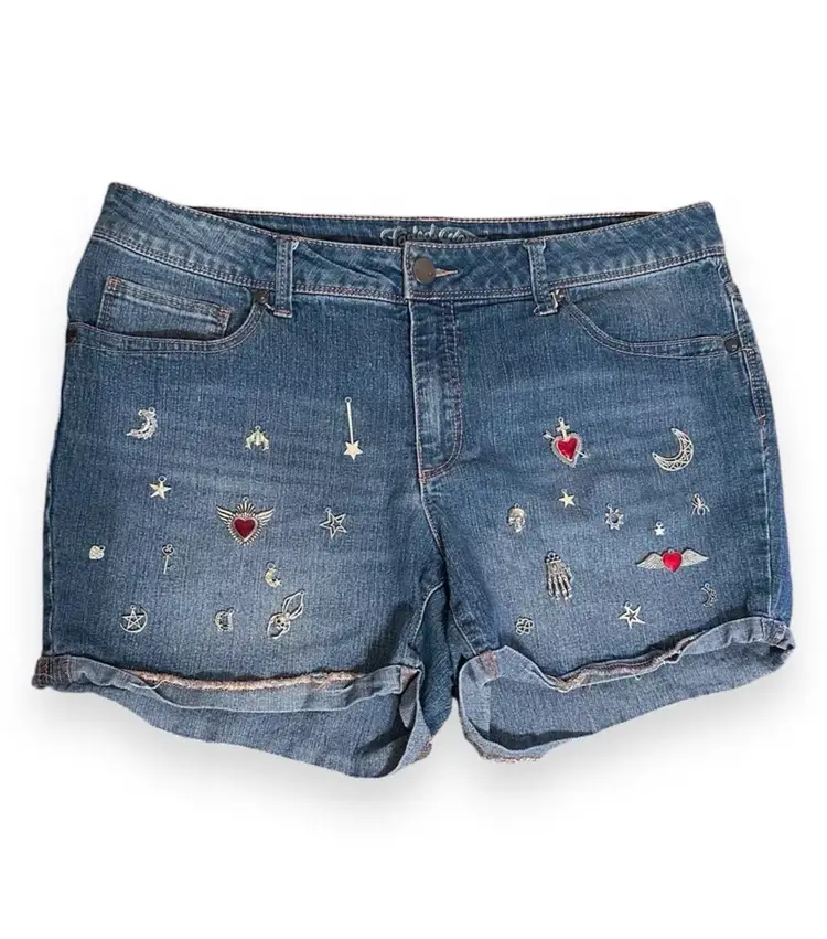 Reworked Hand Embroidered Denim Silver Red Punk Rock Charms Dark Mini Shorts US Size 14/L
