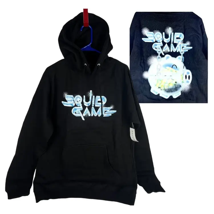 NEW Squid Game Black HOODIE SWEATSHIRT Medium Mens Blue Piggy Bank Money PacSun