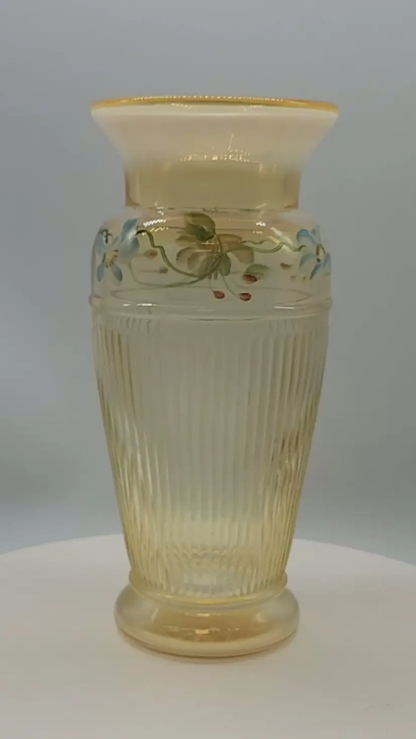 FENTON BLUE DAISY SILKEN SAND ADAM RIB VASE AS ASSOC SIGNED