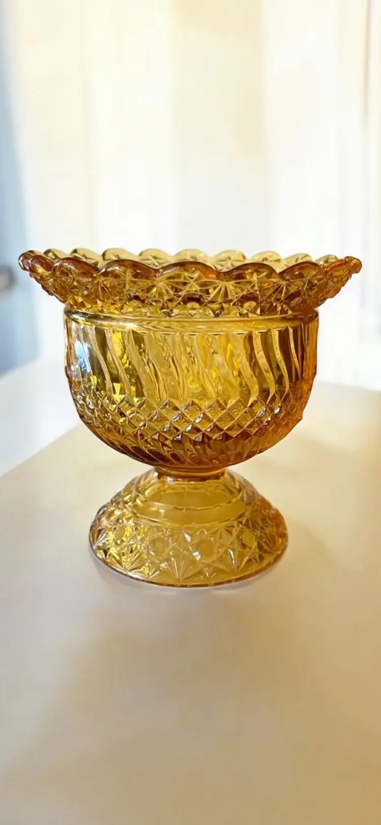 Vintage LE Smith Amber Daisy & Button Pedestal Apothecary Candy Dish With Lid