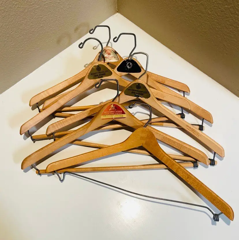 Collection of 5 Wood Suit Jacket and Pant Hangers Branded Retro Farmhouse Industrial Rustic