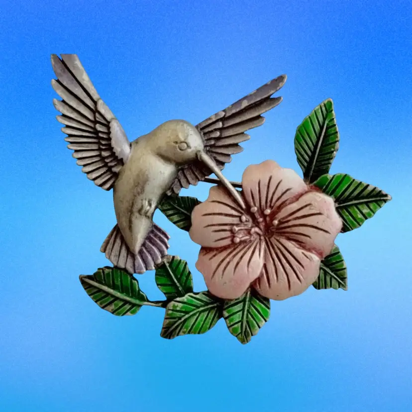 Vintage JJ Jonette Pewter & Enamel Hummingbird with Pink Flower Brooch – 1980s Figural Pin Brooch By JJ