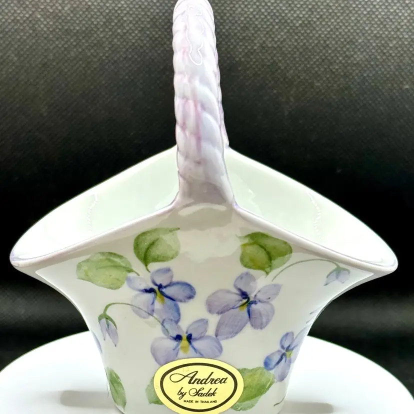 Vintage Purple Violets Periwinkle Floral Flowers Ceramic Trinket Basket Vase Planter, By Andrea By Sadek, Made In Thailand