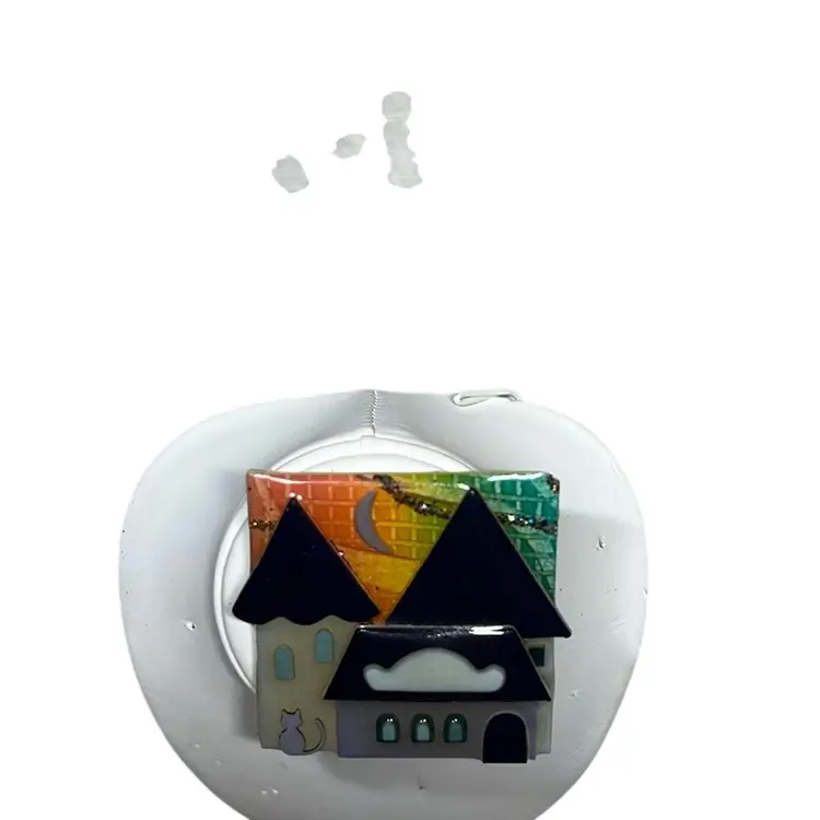 Vintage Lucinda Pin/ Colorful Brick Background With 3 House Tops, Moon, Glitter And A Cat