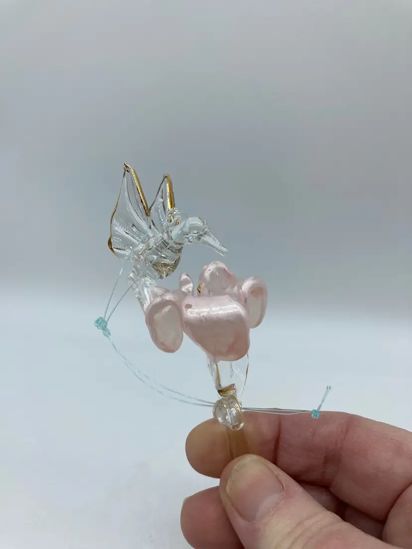 Hanging Hand Blown Glass Hummingbird with Pink Flower
