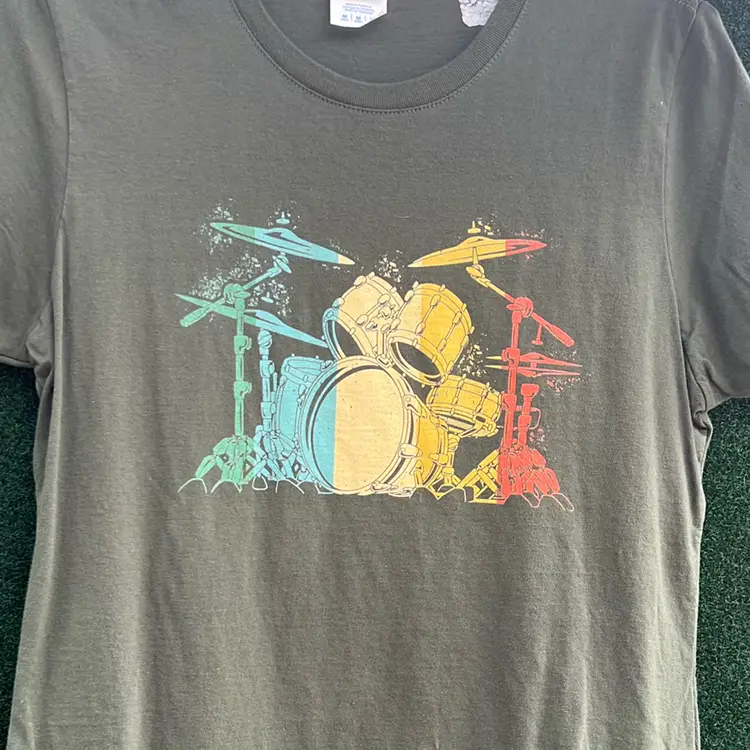 Rainbow Drum Set 
Port And Company Fan Favorite Army Green T-Shirt Size Medium.