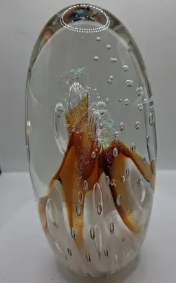 Ron Schuster Oblong Magnum, Orange/Amber/White Dichroic Controlled Bubble Paperweight, Signed, 'SGS 2000 USA'. RARE! Gorgeous!!