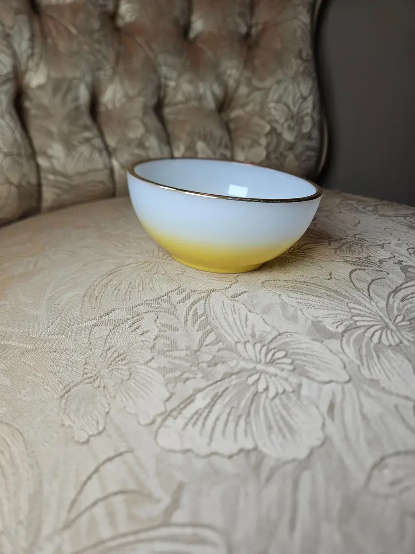 Small Vintage Fire King Ware Yellow White Ombre Milk Glass Dessert Bowl With Gold Rim
