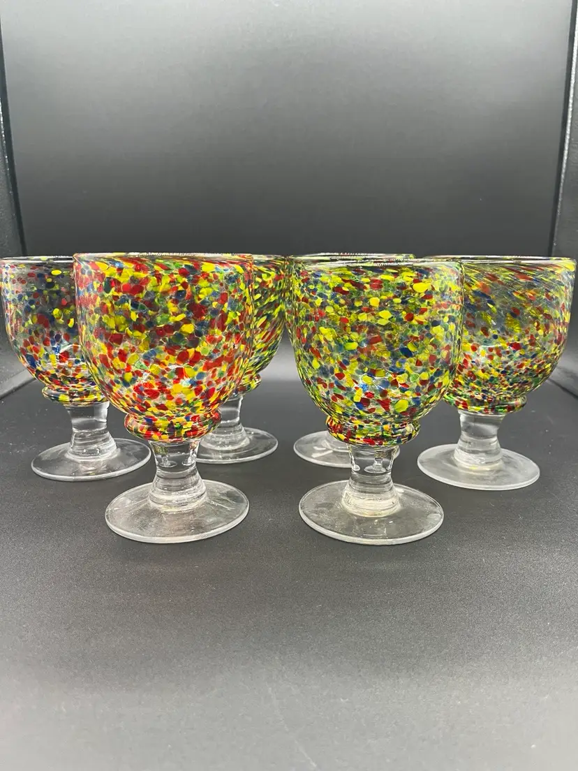 Set Of 6 Mexican Multicolor Confetti Pedestal Goblet Glasses 6”🎉