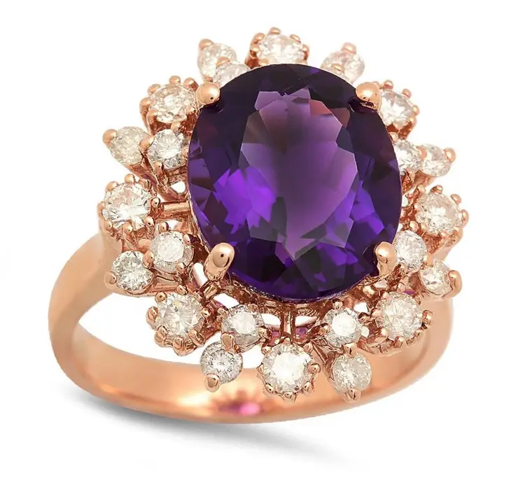 6.00 Carats Natural Amethyst and Diamond 14K Solid Rose Gold Ring