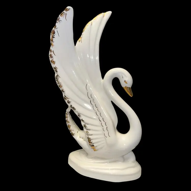 Vintage Mid Century Modern White Ceramic Swan Wings Up Gold Edge