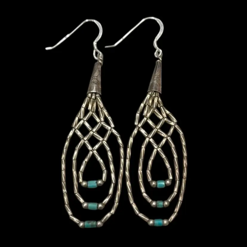 Vintage Native American Blue Turquoise Heishi Bead Liquid Sterling Silver Dangle Earrings 3”, 5.3g