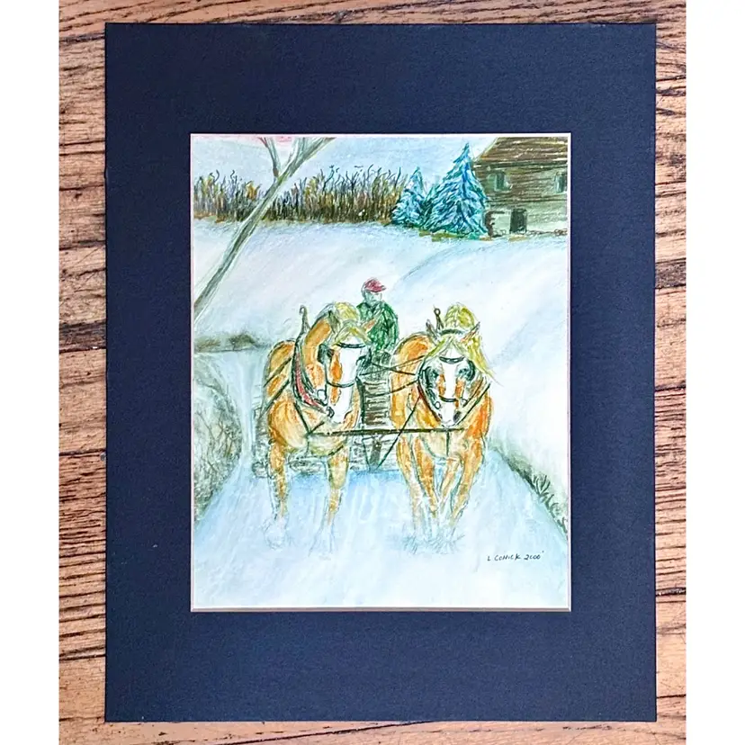 Vintage Horse Drawn Sleigh Winter Art Print Rustic Cottagecore Farmhouse Y2K