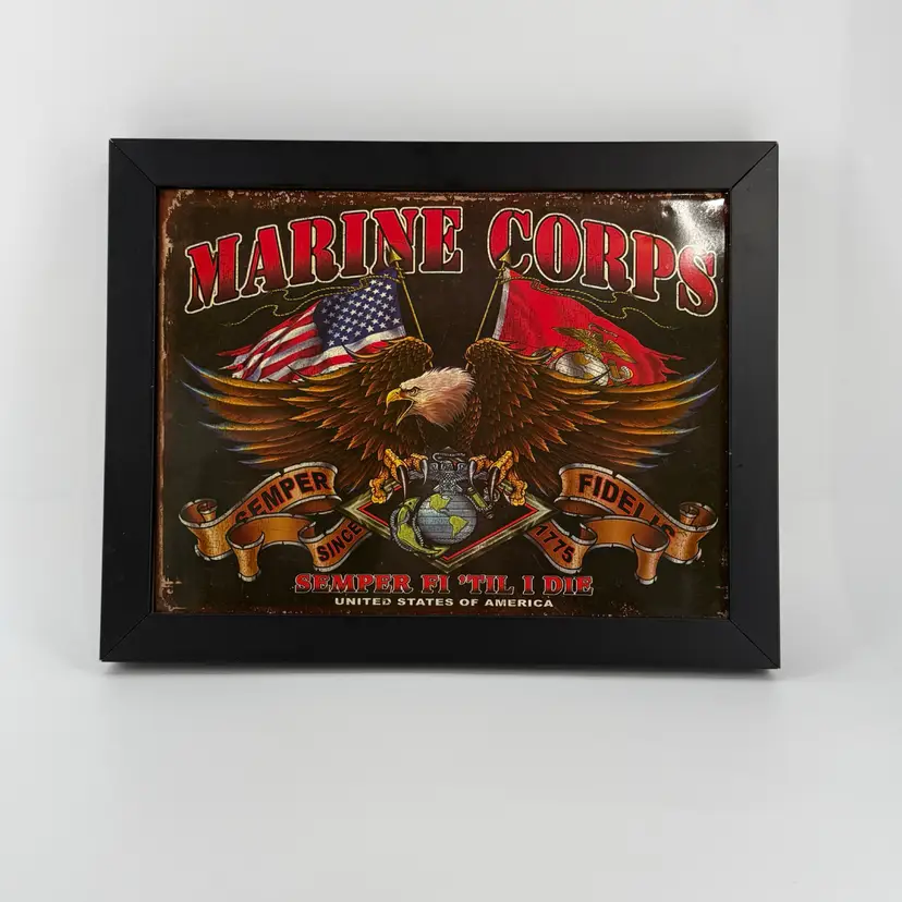 USMC Marine Corps Semper Fi ‘Till I Die Framed Metal Wall Plaque Vintage
