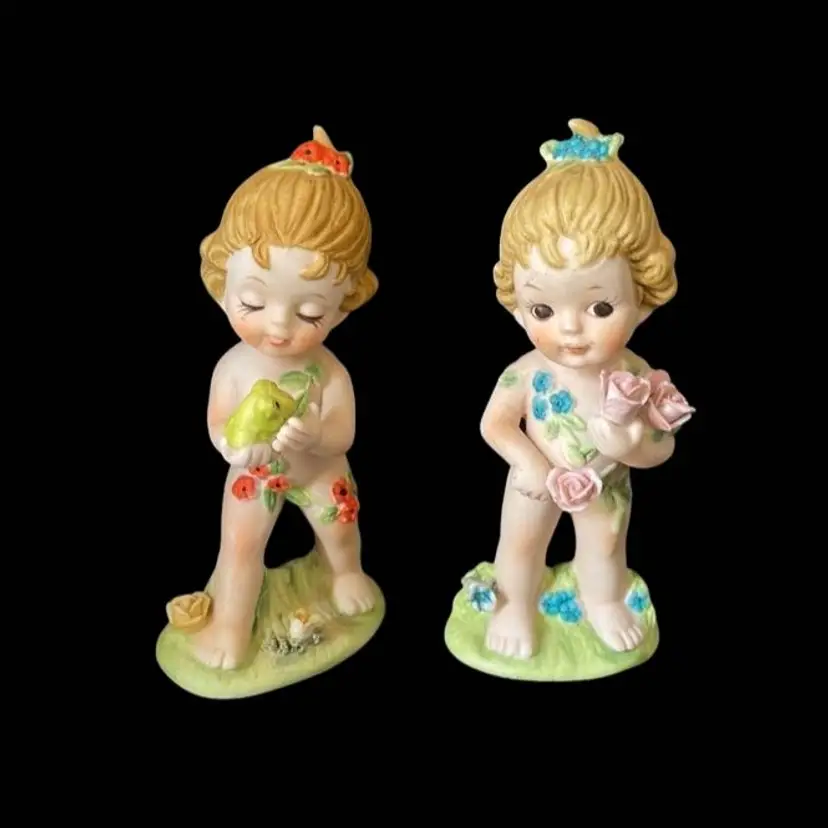 Set of 2 Porcelain Girl Figurines Floral Green Frog Blue Red Flowers