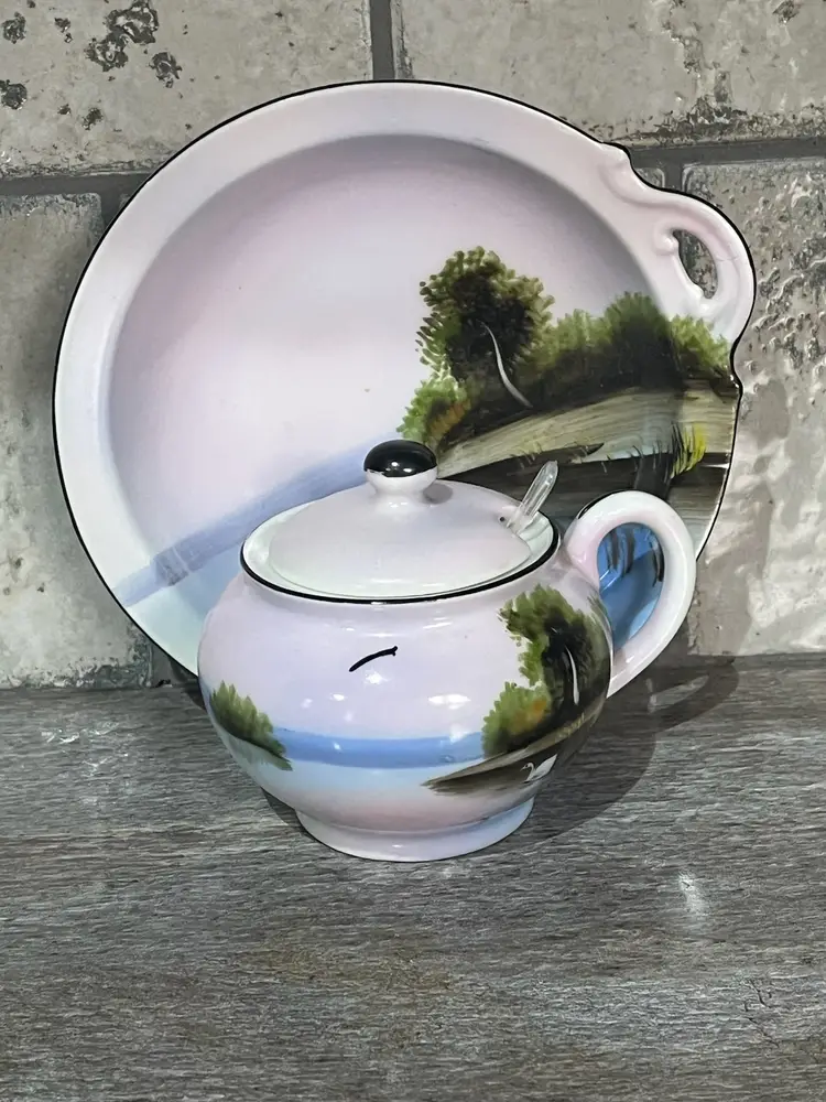 Vintage Hand Painted Nortaki Small Sugar Dish with Plate and Spoon