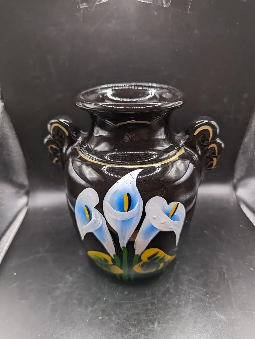 Vintage Mexicana Style 3 Calla Lilies Design Hand Painted Redware Pot Planter With Two Handles