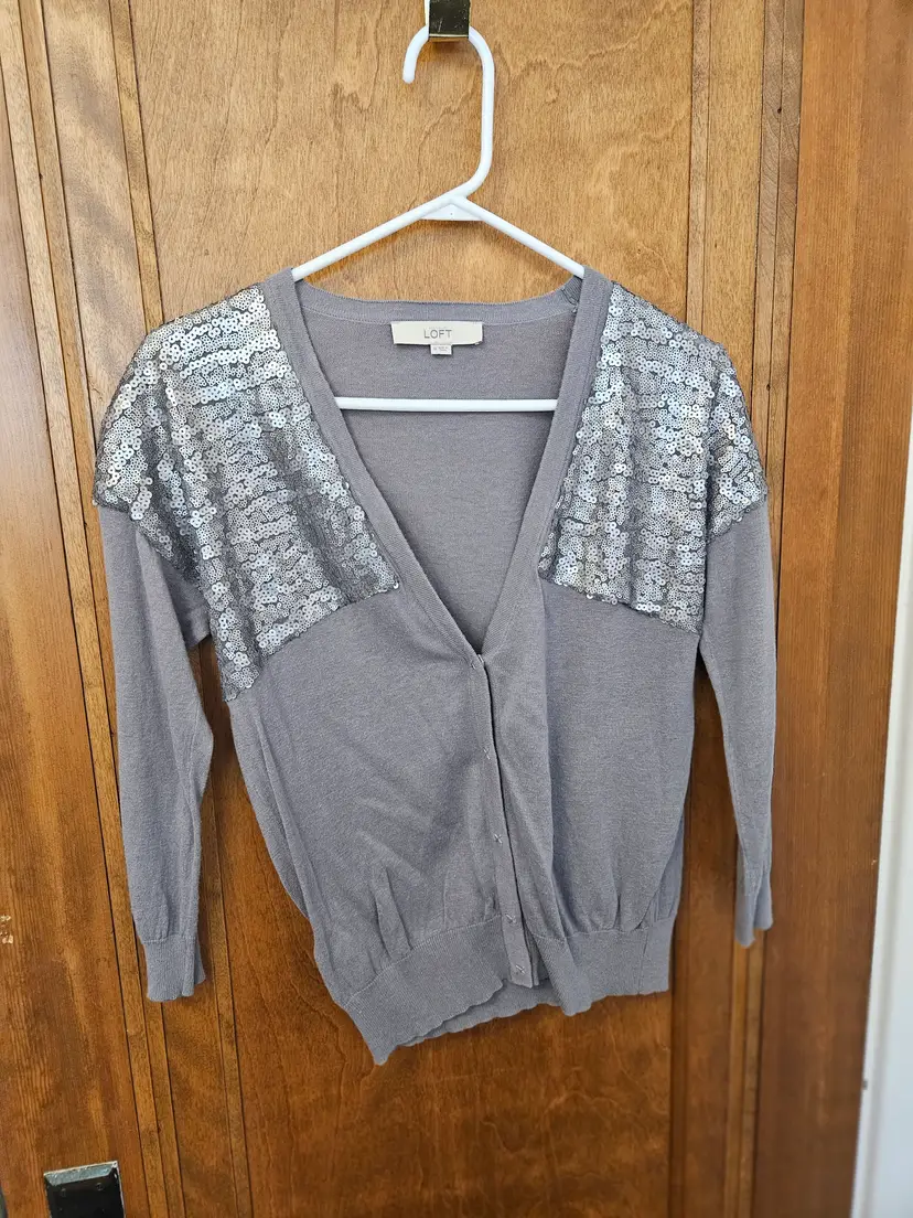 Ann Taylor Loft Gray Sequined Cardigan, M