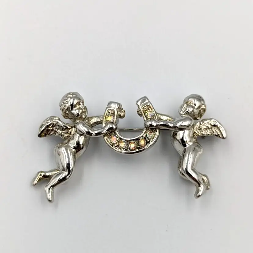 Kirks Folly Cherubs And Horseshoe Brooch Vintage Silver Tone AB Crystal Pin