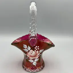 Vintage Hand Painted Ruby  Westmoreland Glass Basket 1982 Signed Sticker