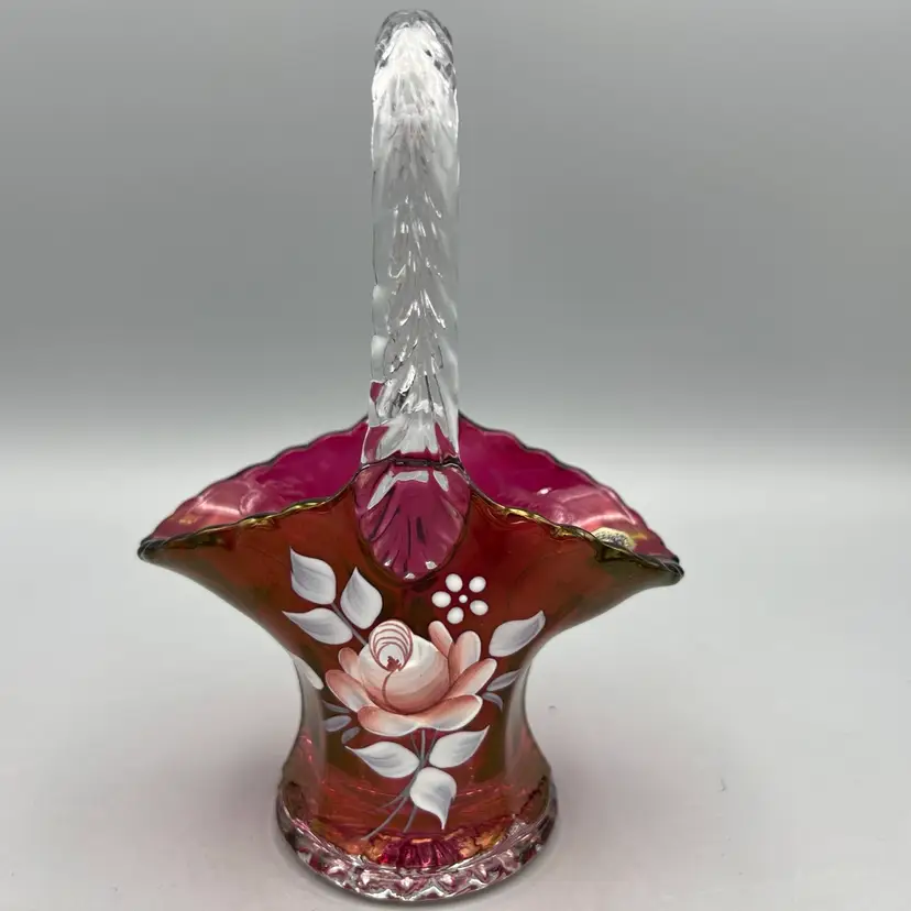 Vintage Hand Painted Ruby  Westmoreland Glass Basket 1982 Signed Sticker
