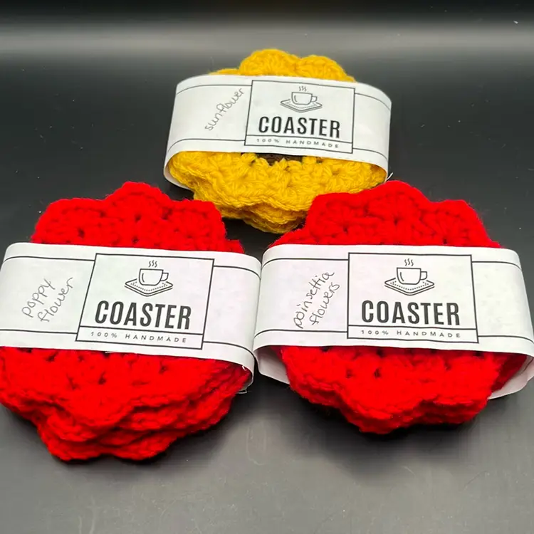 Handmade Crochet Flower Coaster Set of Four Sunflower Poppy Poinsettia