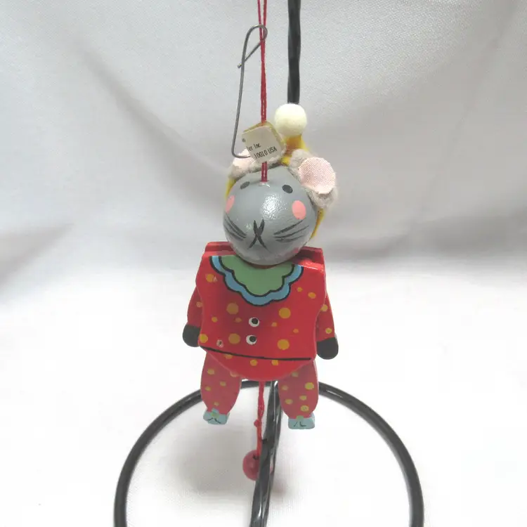 2 Wooden Pull String Christmas Ornaments - Frog/Mouse