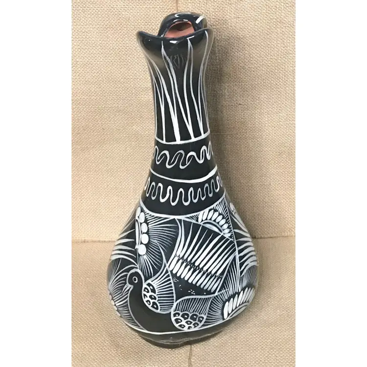 Mexican Pottery Pitcher Black White Bird Jug Vase Folk Art Cultural Southwestern