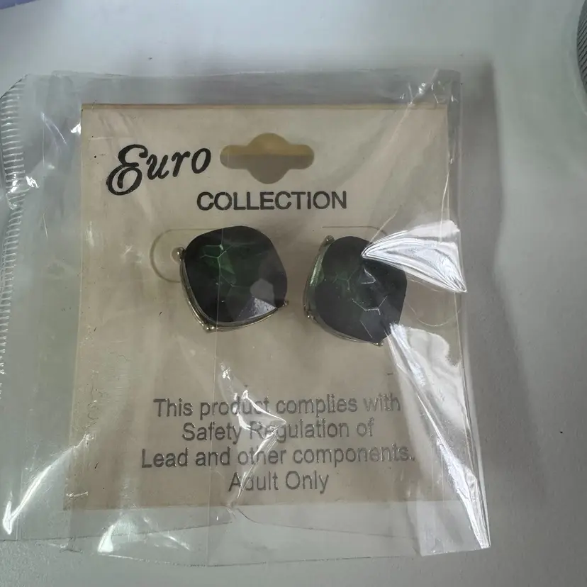 NEW! Post Back Dark Green Rhinestone Pierced Earrings About 1” Gold Tone Metal Glass