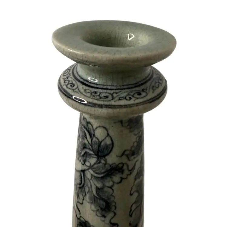 Vintage Ceramic Candle Holders, Gray with Blue Floral Design 9-5/8” T