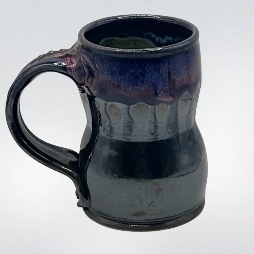 Large Handmade Studio Art Pottery Mug Purple Metallic Drip Glaze Frog Stamp