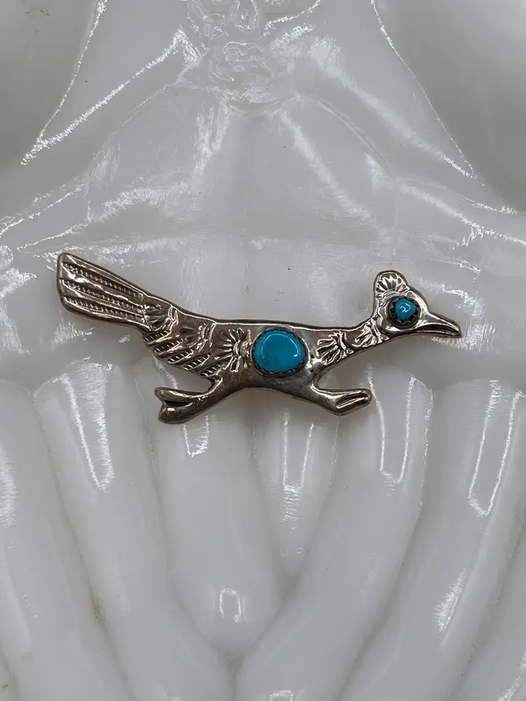 Vintage Marked Southwest Sterling Silver Navajo Native American Roadrunner Brooch With Turquoise Pieces 2.25”