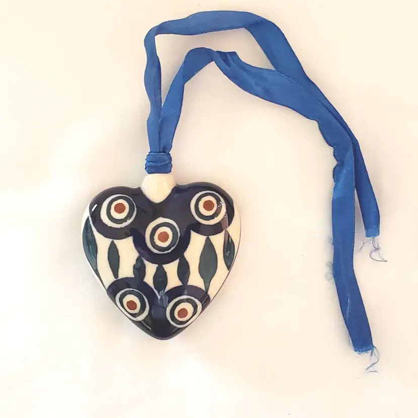 Heart Polish Pottery Boleslawiec Ceramic Ornament with Blue Ribbon 2 1/2" long