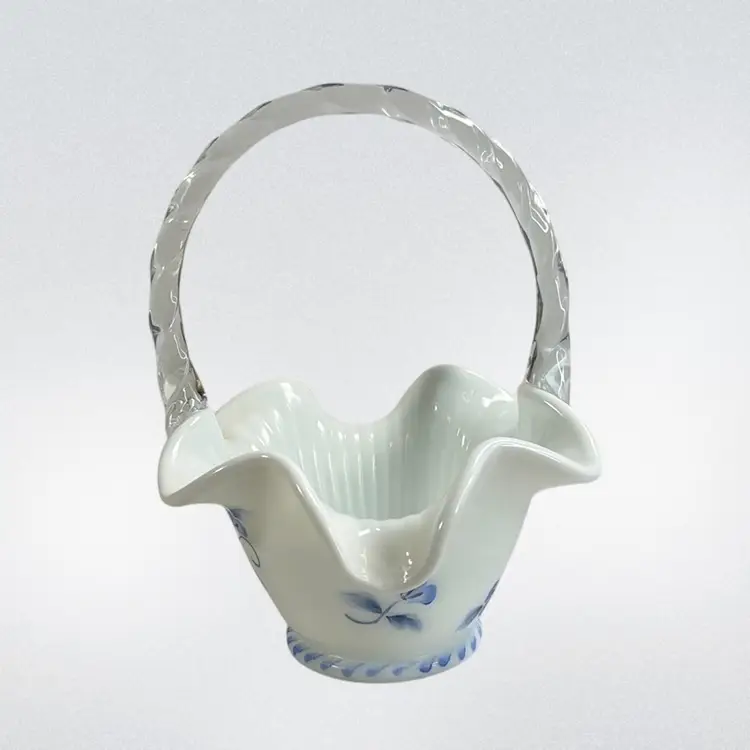 Fenton Milk Glass Basket with Hand Painted Blue Floral Design 7” x 8.25”