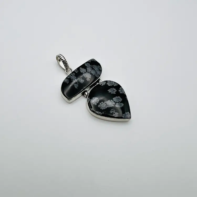 Handcrafted 2-Stone Snowflake Obsidian Pendant in Sterling Silver Finish
