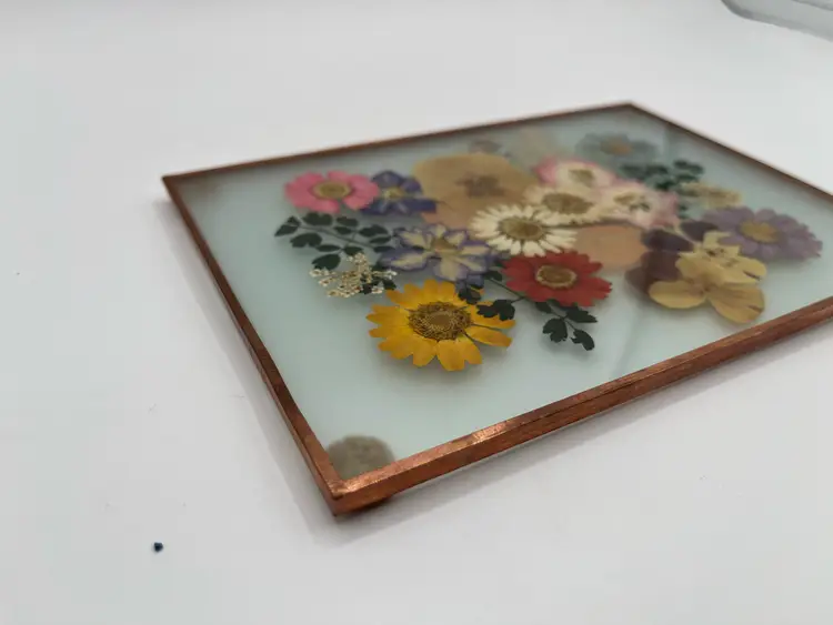 Colorful Dried Pressed Flower Trivet w/ Copper Edges
