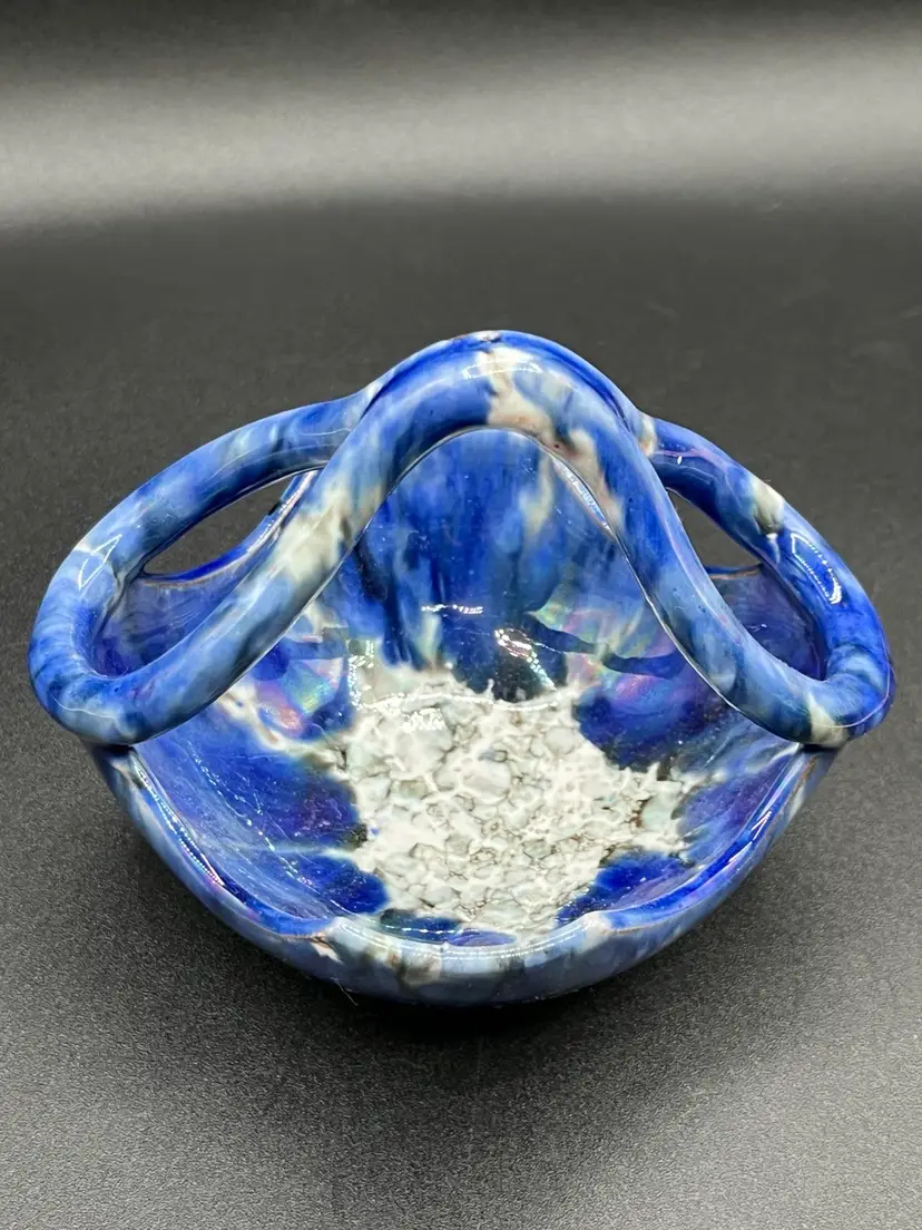 Marked Hand Made Italian Blue & White Splatter Art Pottery Basket Unique Handle 4”🫟