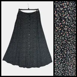 Vintage Rayon Floral Midi Skirt Button Front Black Cottagecore 90s XS S